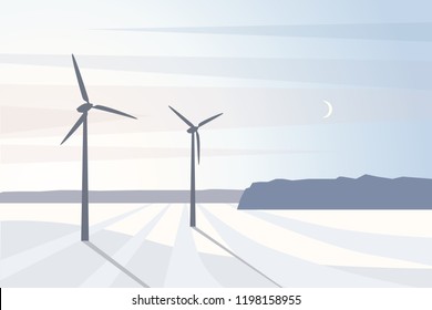 Winter landscape with wind turbines on a snow covered field. Vector illustration in flat style for web page design or simple background