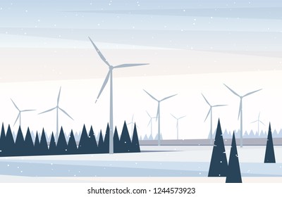 Winter landscape with wind turbines and trees on a snow covered field. Vector illustration in flat style for web page design or simple background