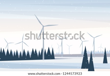 Winter landscape with wind turbines and trees on a snow covered field. Vector illustration in flat style for web page design or simple background