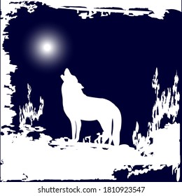 Winterlandschaft - Wolfshacken auf dem Mond - original Pinselstrich - Vektorgrafik. Neujahr. Weihnachten. Banner.
