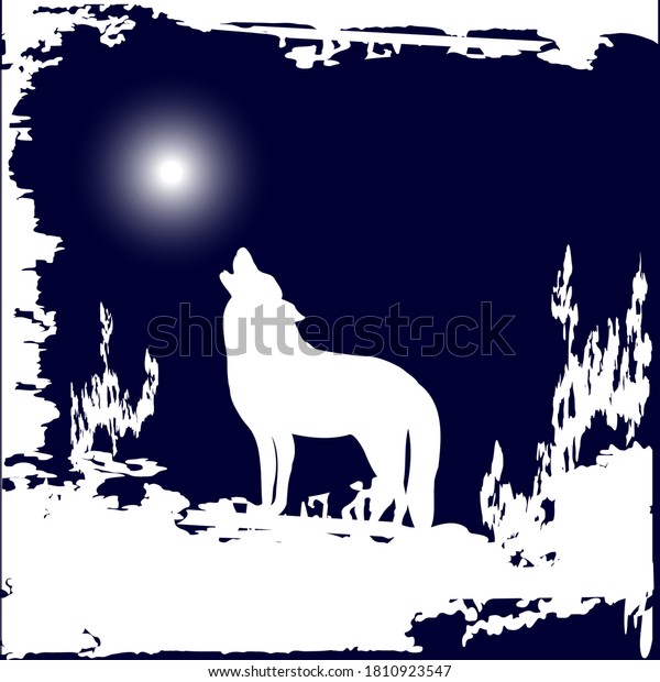 Winter landscape -\
wolf howling at the moon - original brush stroke - vector. New\
Year. Christmas.\
Banner.