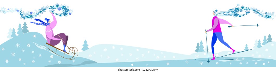 Winter Landscape with Womans. Vector Illustration.