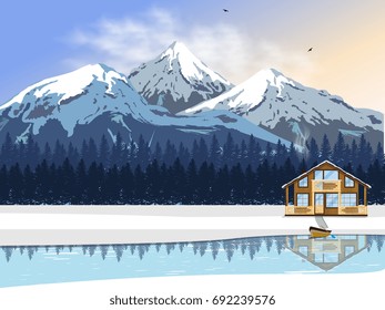 Winter landscape. A wooden house by the river with a boat. High snow-capped mountains and forest on the horizon. Vector illustration for winter holidays.