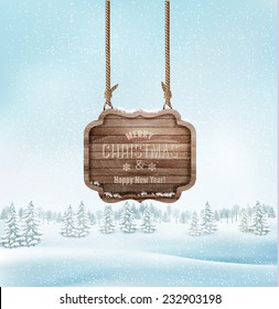 Winter Landscape With A Wooden Ornate Merry Christmas Sign. Vector.