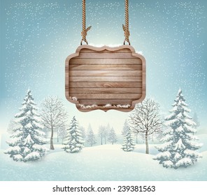 Winter Landscape With A Wooden Ornate Merry Christmas Sign. Vector. 