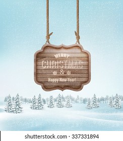 Winter landscape with a wooden ornate Merry christmas sign. Vector.