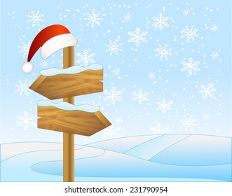 winter landscape with a wooden  pointer and christmas cap,  vector  illustration