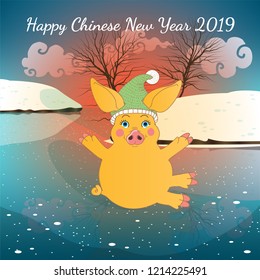 winter landscape with a yellow pig in blue hat with arms wide open sitting on ice, red sunset sky