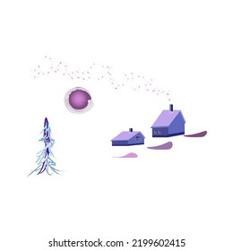 winter landscape.a set of design elements.pine trees, houses, snowdrifts, the moon, smoke from the chimney. high quality vector illustration. isolated on a white background