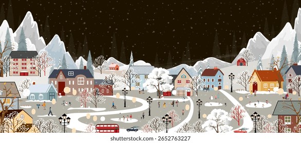 Paisagem de inverno,Celebrando o Natal e o Ano Novo 2026 na cidade à noite com pessoas felizes jogando patinação no gelo no parque,Vetor bandeira horizontal inverno País das Maravilhas no campo
