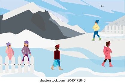 Winter landscape.Children walking outside in winter.