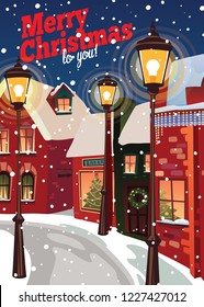 Winter Landscape.Christmas Background With Fairy Tale Houses. Snowy Town At Holiday Eve.Vector Illustration.