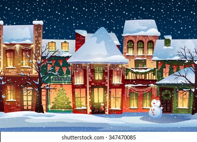 Winter landscape.Christmas background with fairy tale houses. 
Snowy town at holiday eve.Vector illustration.