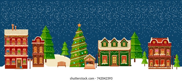 Winter Landscape.Christmas Background With Fairy Tale Houses. Snowy Town At Holiday Eve.Vector Illustration.