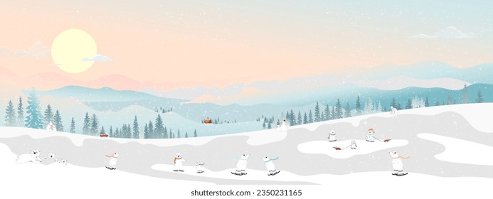 Winter landscape,Christmas night with cute polar bear family playing ice skate on hills,Vector banner Winter wonderland bear celebrating in forest,Merry Christmas card,New year 2024 background