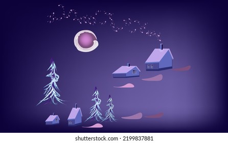 winter landscape.pine trees, houses, snowdrifts, the moon, smoke from the chimney.horizontal banner.high-quality vector illustration.