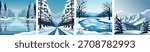 Winter landscapes, backgrounds and collages featuring snow-covered pine trees, a frozen river, a road, mountains, snow a winter fairytale in vector style. Perfect for winter holiday designs, cards