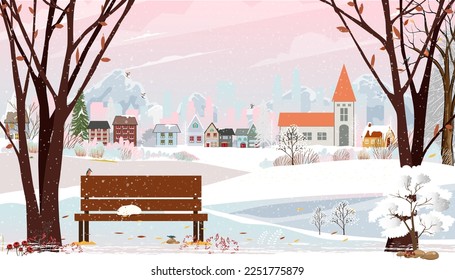 Winter landscapes city park with cat sleeping on bench in garden,Cute Christmas day in village,Vector cartoon horizon backdrop background Winter wonderland with mountain, Cloud and Pink Sky background