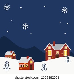 Winter landscapes with houses, hills in snowdrifts in night background with blank space area