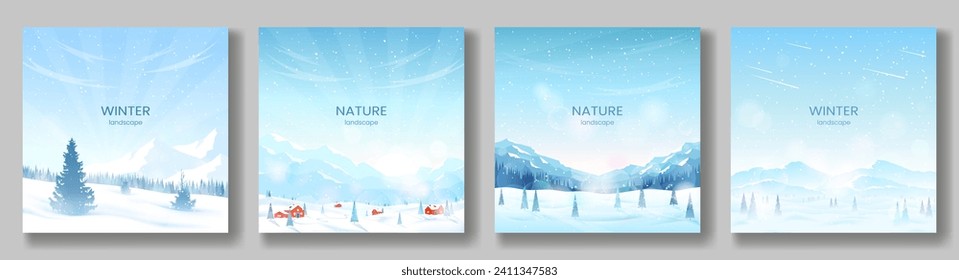 Winter landscapes. Mountain ranges and coniferous forest, fir trees in snowdrifts, clear blue sky, sunny day. The concept of tourism, active recreation in winter, hiking. Vector illustration.