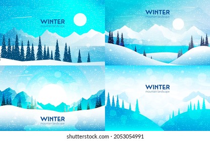 Paisajes de invierno. Temporada fría. Montañas nevadas. Nevada. Naturaleza congelada. Aventura de invierno. Volantes gráficos minimalistas. Diseño plano poligonal para cupones, vales, tarjetas de regalo. Ilustraciones vectoriales