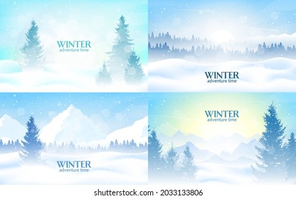 Paisajes De Invierno. Ilustración vectorial. Paisaje montañoso. Concepto de viaje de descubrimiento. Turismo de senderismo. Aventura. Afiches gráficos minimalistas. Diseño plano poligonal para cupones, vales, tarjetas