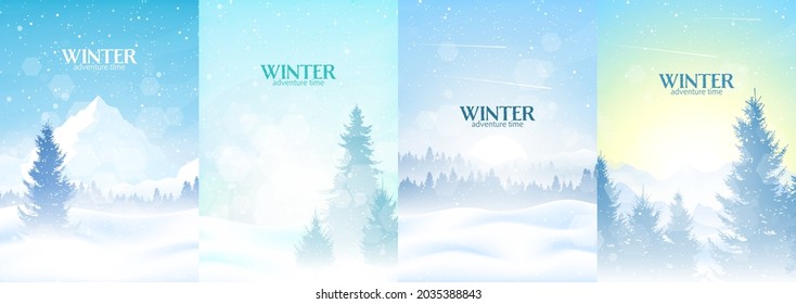 Winter Landscapes Set. Vector illustration. Mountain landscape. Travel concept of discovering. Hiking tourism. Adventure. Minimalist graphic posters. Polygonal flat design for coupons, vouchers, cards