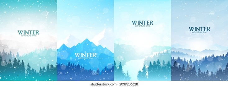 Paisajes De Invierno. Ilustración vectorial. Paisaje montañoso. Concepto de viaje de descubrimiento. Turismo de senderismo. Aventura. Afiches gráficos minimalistas. Diseño plano poligonal para cupones, vales, tarjetas