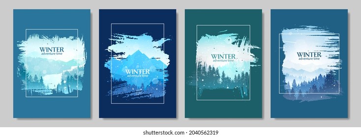 Winter Landscapes Set. Vector illustration. Mountain landscape. Travel concept of discovering. Hiking tourism. Adventure. Minimalist graphic posters. Polygonal flat design for coupons, vouchers, cards