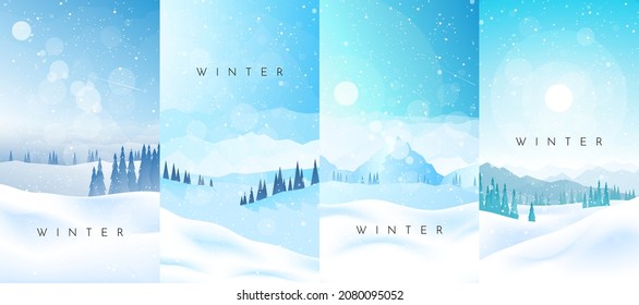 Paisajes De Invierno. Ilustración vectorial. Paisaje montañoso. Concepto de viaje de descubrimiento. Turismo de senderismo. Aventura. Afiches gráficos minimalistas. Diseño plano poligonal para cupones, vales, tarjetas