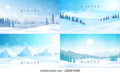 Winter Landscapes Set. Vector illustration. Mountain landscape. Travel concept of discovering. Hiking tourism. Adventure. Minimalist graphic posters. Polygonal flat design for coupons, vouchers, cards