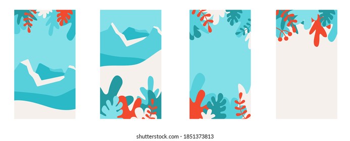 Winter landscapes - vertical banner and background for phone. Christmas and new year greeting cards. Vector illustration in flat simple style set.