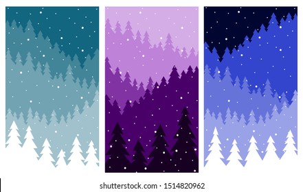Winter landscapes vertical banners set. Mountains, fir trees and falling snow. Wallpaper for social media stories. Vector illustration.