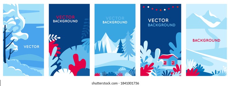 Winter landscapes - vertical banners and wallpaper for social media stories. Vector illustration in flat simple style - design templates with copy space for text - merry Christmas greeting cards