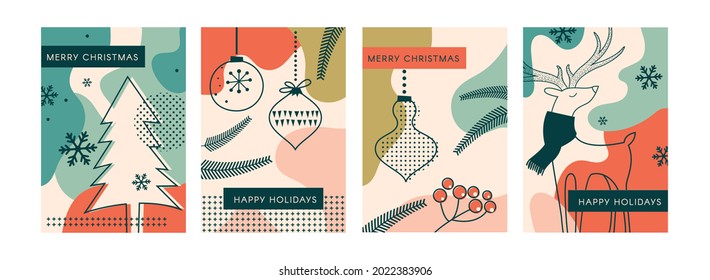 Winter landscapes, vertical greeting cards and wallpaper for social media stories. Vector illustration in flat simple style - design templates. Merry Christmas greeting cards and poster.