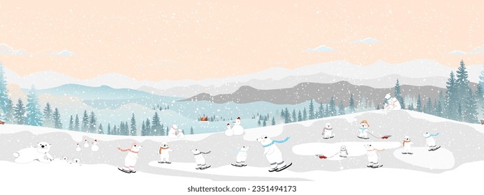 Winter landscape,Seamless pattern Christmas night cute polar bear family playing ice skate on hills,Vector  seamless Winter wonderland bear celebrating in forest,Merry Christmas,New year background