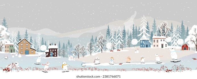 Winter landscape,Seamless pattern Christmas night cute polar bear family playing ice skate on hills,Vector  seamless Winter wonderland bear celebrating in forest,Merry Christmas,New year background