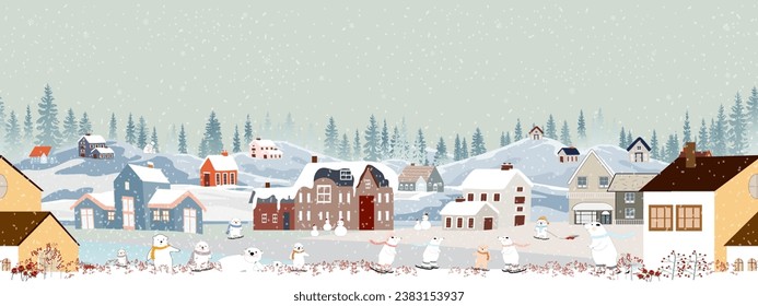 Winter landscape,Seamless pattern Christmas night cute polar bear family playing ice skate on hills,Vector  seamless Winter wonderland bear celebrating in forest,Merry Christmas,New year background