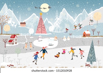 Winter landscape,Vector banner of people celebrating in Christmas night in village polar bear, boy and girl playing ice skates,kid sitting on snowboard in the winter park, teenagers skiing on the hill