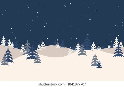 Winter landscape.Vector forest illustration. Christmas snow nature background. Snowfall and mountains on background.
