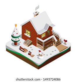 Winter landscaping isometric composition with wooden house snowy spruces includes all decorations christmas snowman vector illustration