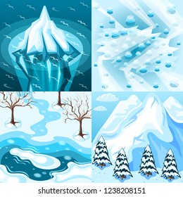 Winter landscaping isometric design concept with iceberg frozen and melting lake snowy mountain isolated vector illustration