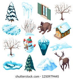 Winter landscaping set of isometric icons with animals bare trees and bushes frozen lake isolated vector illustration