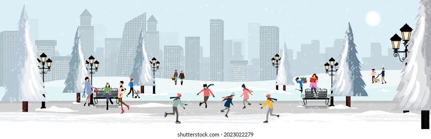 Winter lanscape in city with crowd people having fun celebrating in the park at night on Christmas Eve,Vector cartoon Greeting card for New year and Christmas 2022