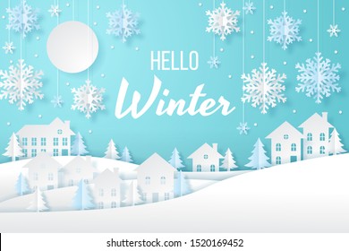 Winter lanscape with house, snow and tree. Paper cut vector design. Vector illustration.