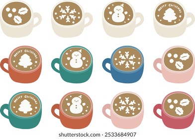 Winter café latte, set of vector illustrations of christmas latte art