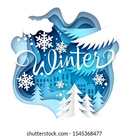 Winter layered paper art style vector illustration. Beautiful seasonal composition with paper cut city skyline, snowy trees and snowflakes. Winter creative hand lettering typography.