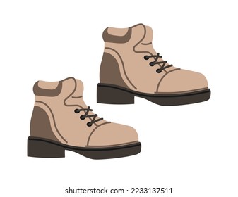 Botas de cuero de invierno con cordones, ropa aislada y accesorios para la temporada fría. Ropa y ropa para hombres y mujeres. Elegante ropa de calle para practicar senderismo y caminar al aire libre. Vector de estilo plano