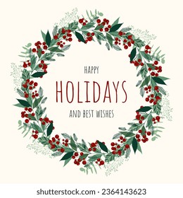 Winter leaves and berries wreath. Winter vector illustration isolated on beige background. Vector illustration. Nature design. Greeting card, poster template. Xmas holidays