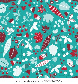 Winter leaves and flowers seamless pattern with branches, leaves, berries and flowers. Christmas floral hand drawn background for gift wrap paper, fabric design, surface decoration, digital paper